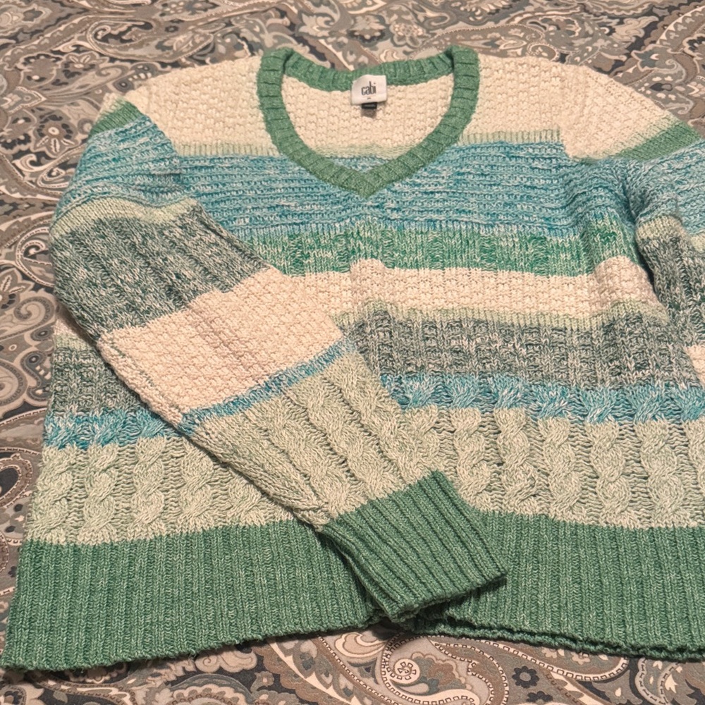Cabi Women's V-Neck Sweater in Green and Cream